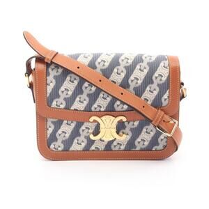 Celine Triomphe Shoulder Bag Denim Leather Navy Blue Brown